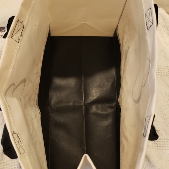 Monagrammed "E" White Canvas Tote with Black Trim & Multicolor Floral Print - Picture 4 of 5